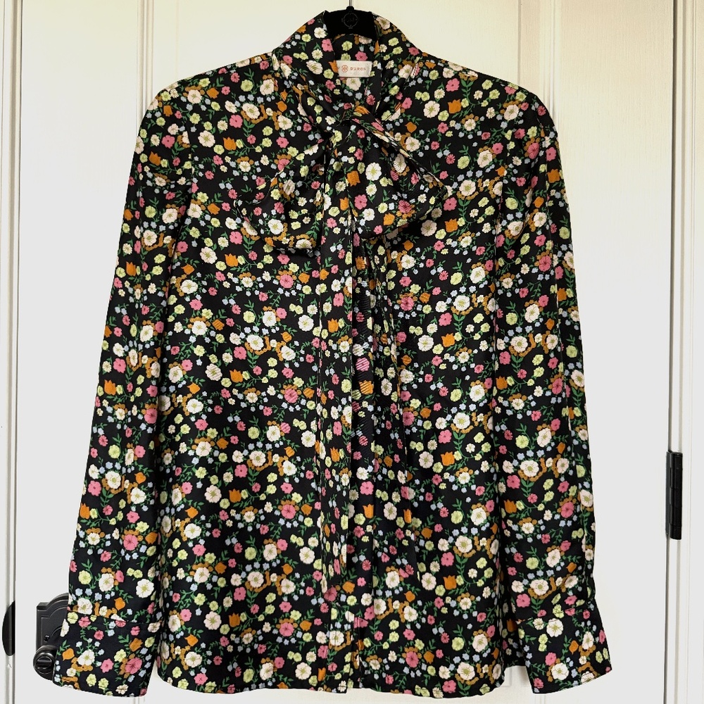 Tory Burch, 100% Silk Long Sleeve Multicolor Floral Blouse, Size 4